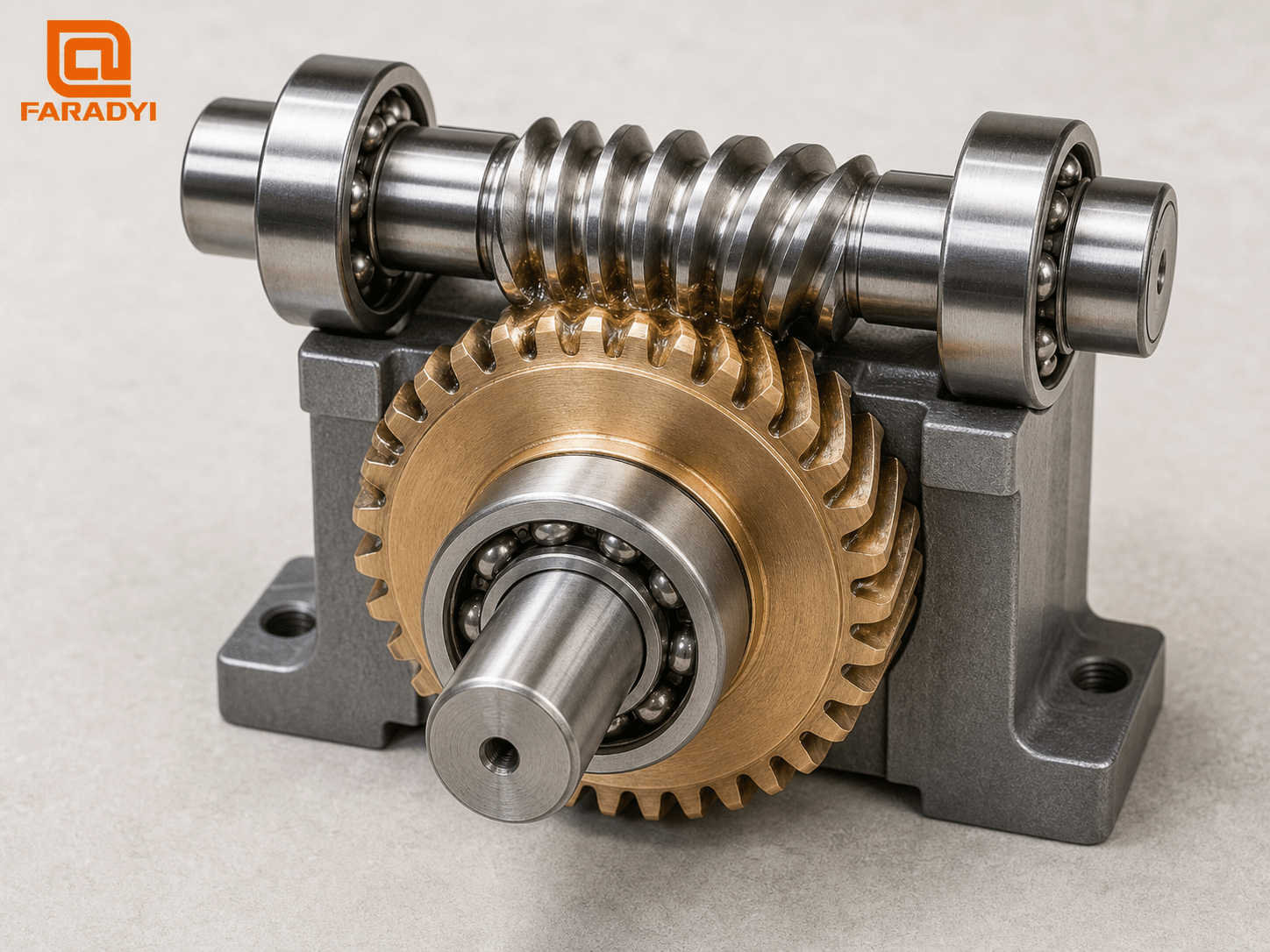 Close-up of a steel worm shaft meshing with a bronze worm wheel at 90 degrees