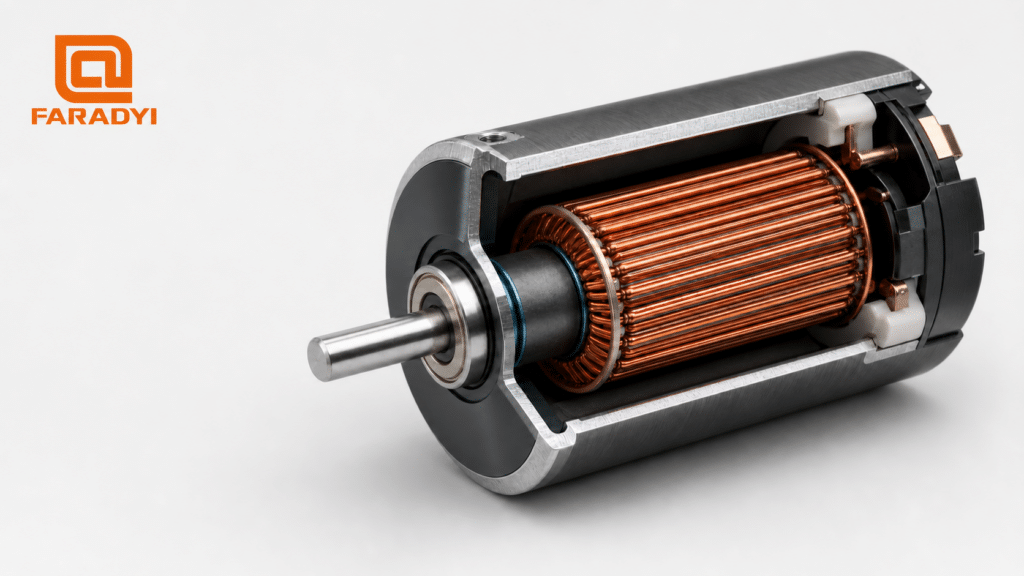 Cutaway view of a coreless motor showing the self-supporting copper winding and shaft