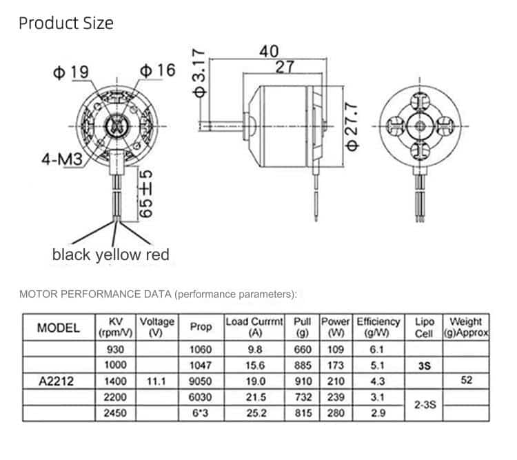 A2212 drone motor specification