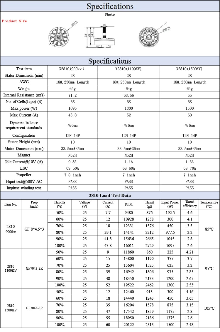 X2810 Drone Motor Specification