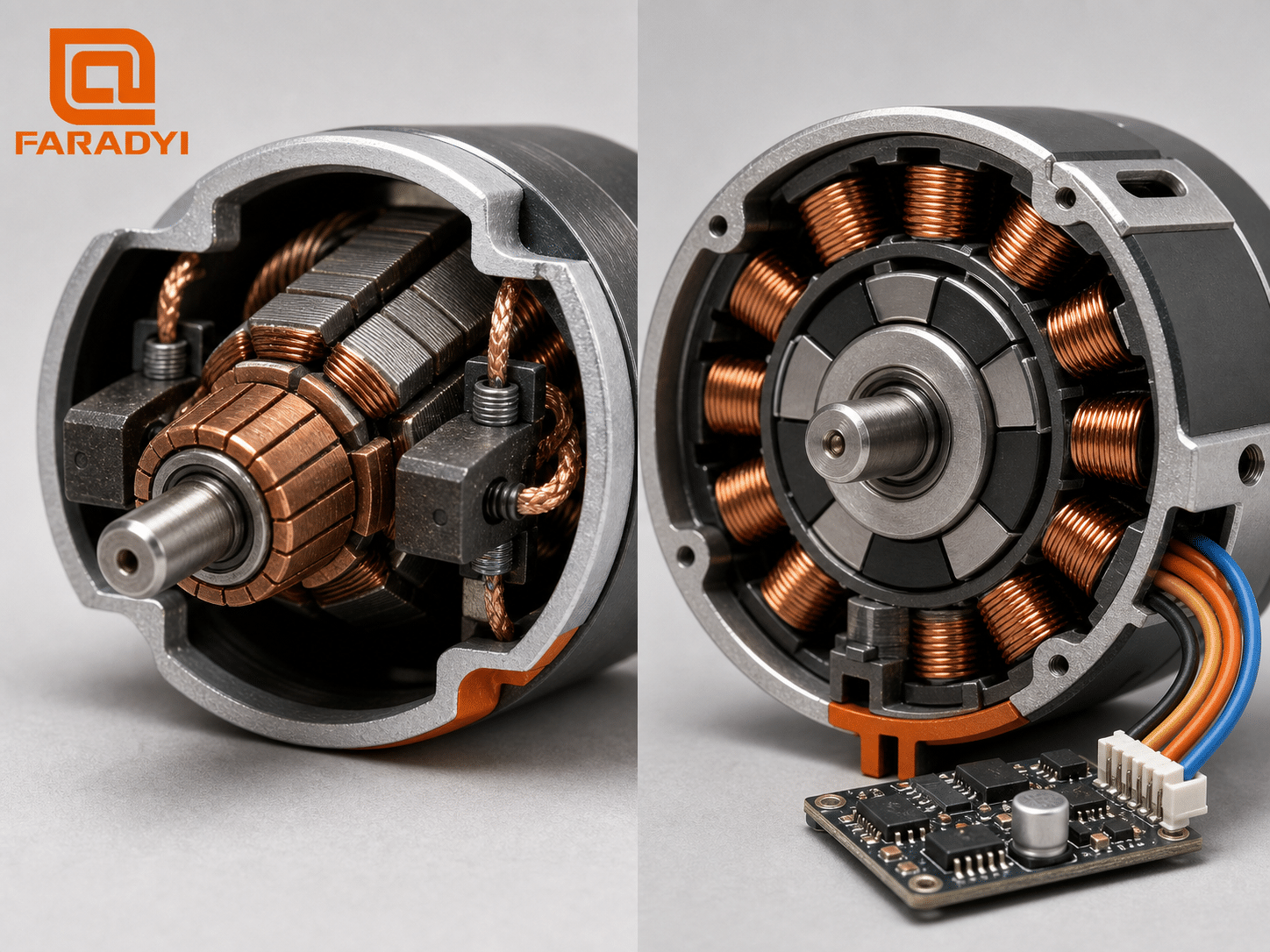 Cutaway showing brushes and commutator beside brushless stator windings and rotor