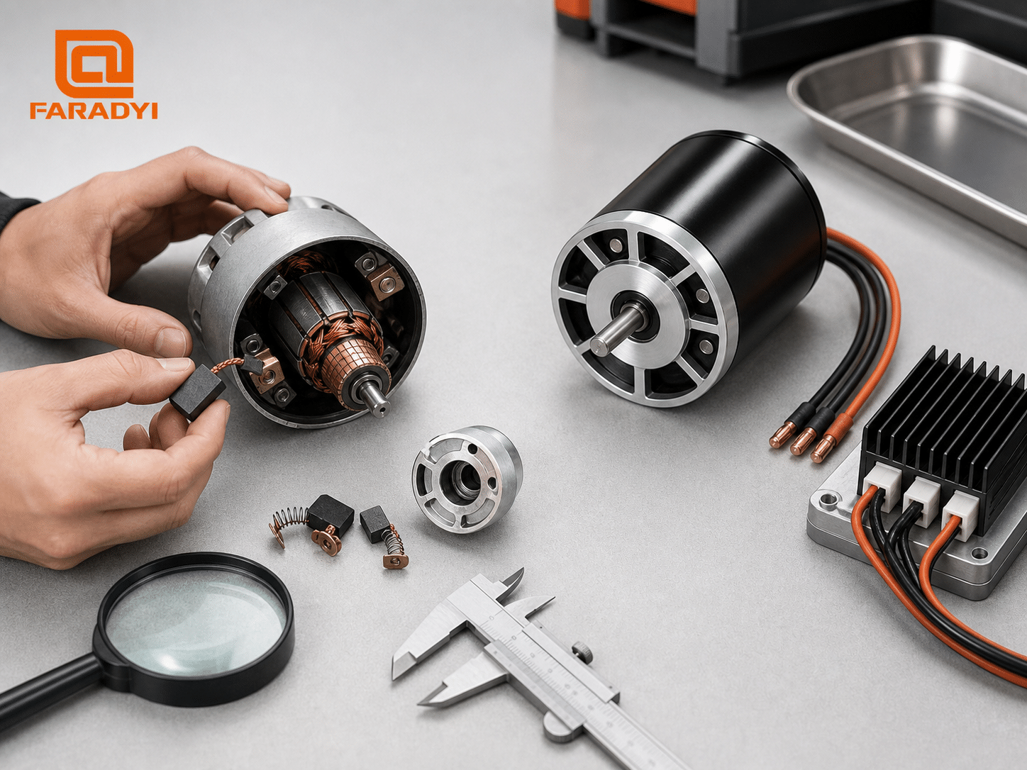 Technician inspecting carbon brushes beside a brushless DC motor and controller