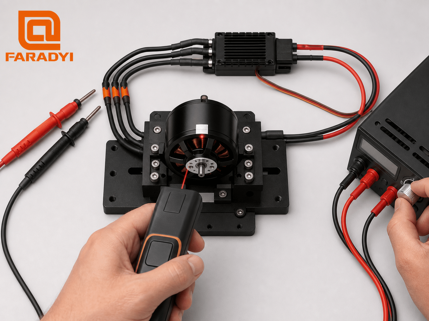 Brushless motor secured for Kv measurement with ESC, power supply, and tachometer